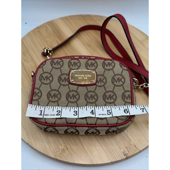 Michael Kors Tan Monogram Mini Crossbody Bag Red Leather Trim Chain Strap - Picture 10 of 12